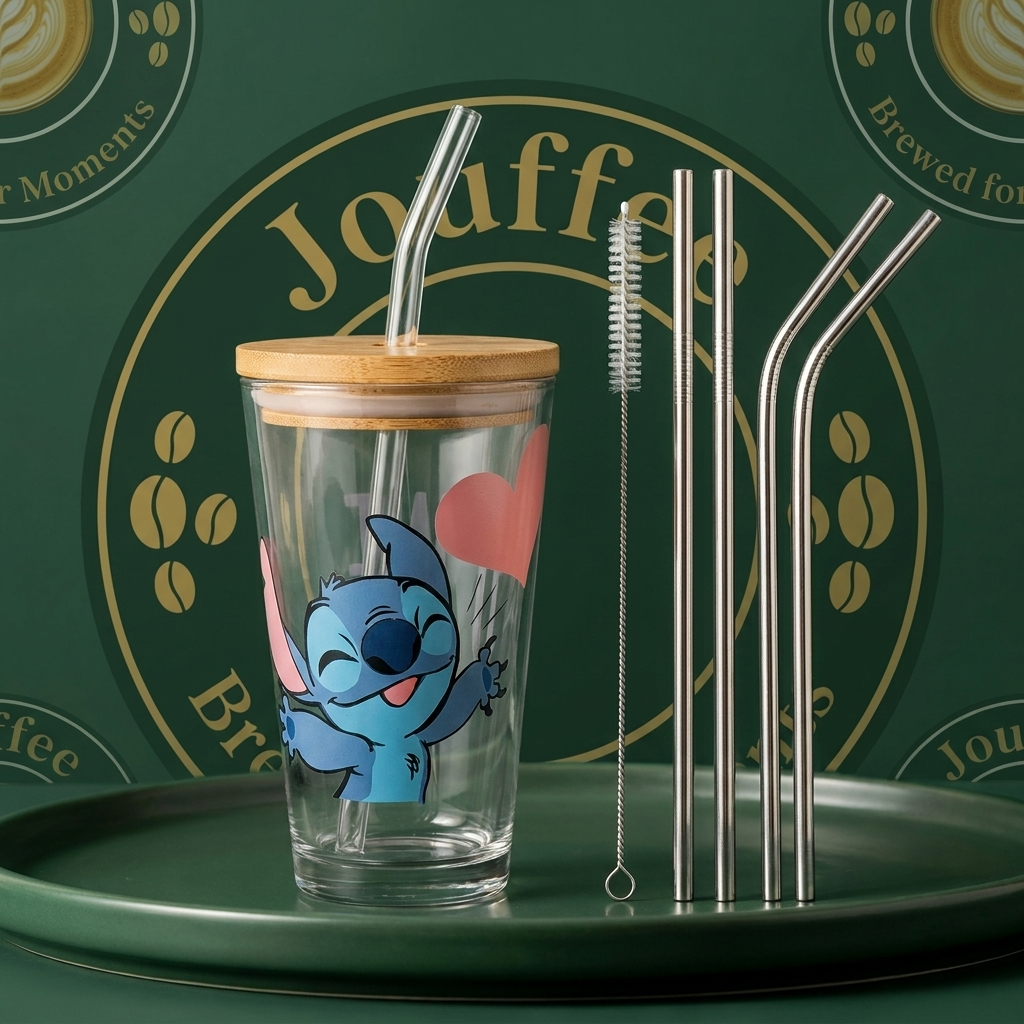 Glass tumbler with wooden lid and stitch character, metal straws, and cleaning brush on a green tray with 'jouffee' branding.
