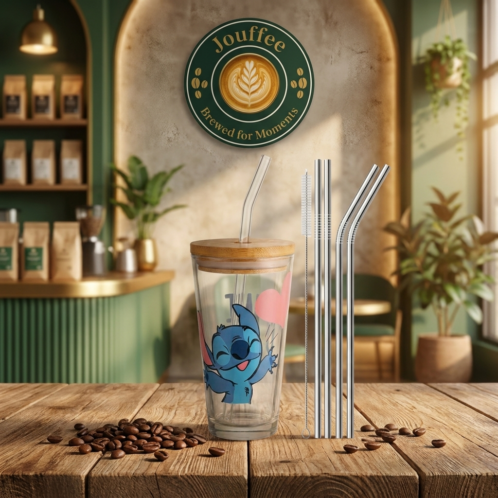 Clear ice coffee cup  with stitch character, wooden lid, and stainless steel straws 