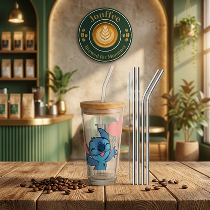 Clear ice coffee cup  with stitch character, wooden lid, and stainless steel straws 