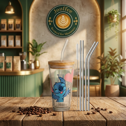 Glass Coffee Mug with Stainless Straw – Set of 2